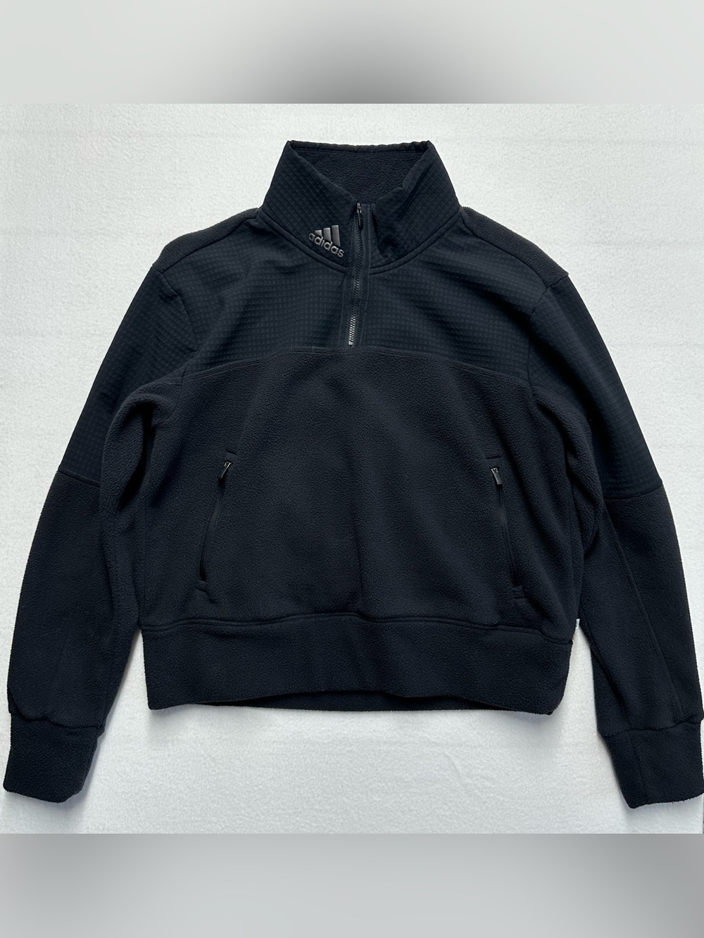 Adidas Women’s Small Black Quarter‑Zip Fleece Pullover – Textured Upper Panel